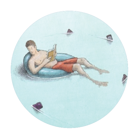 Illustration of a person reading while surrounded by phones in water.